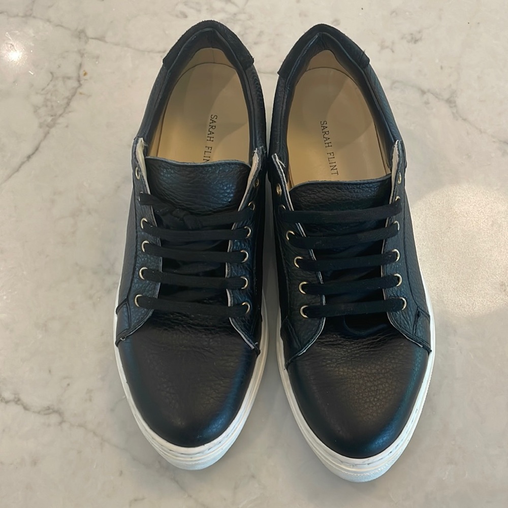 Sarah Flint Black Leather Casual Lace Up Sneakers